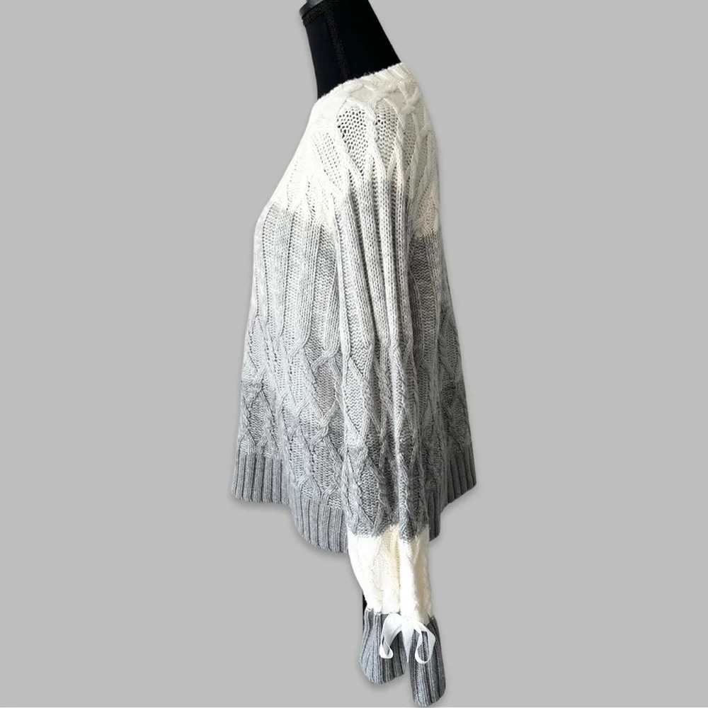 Max Studio Colour  Block Wool Blend Cable Knit Ruffle Sleeve Sweater - Picture 2 of 13